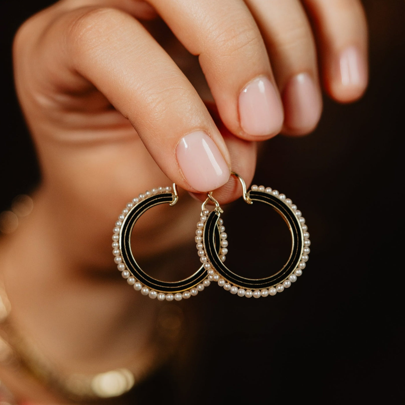 Vintage Black Enamel Earrings, White Seed Pearl Hoops, Geometric Minimalist Jewelry, Solid 14k Gold Large Round Ear Rings