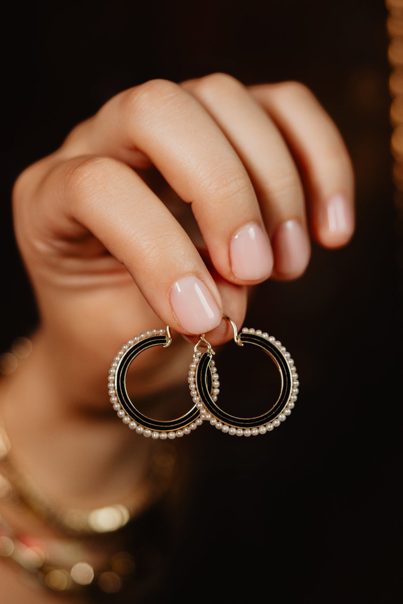 Vintage Black Enamel Earrings, White Seed Pearl Hoops, Geometric Minimalist Jewelry, Solid 14k Gold Large Round Ear Rings