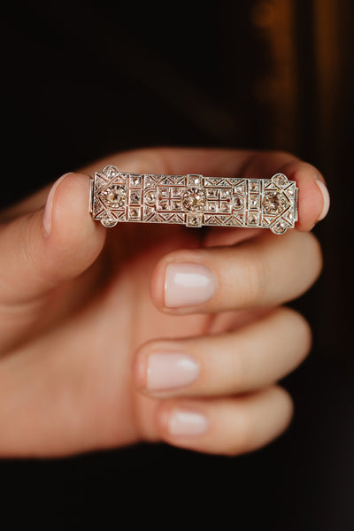 Antique ART DECO Platinum Diamond Brooch, 3.6CT Rose Cut Diamond Plate Plaque Bar Brooch, Solid 18k 750 Gold Jewelry 1940s Geometric Jewelry