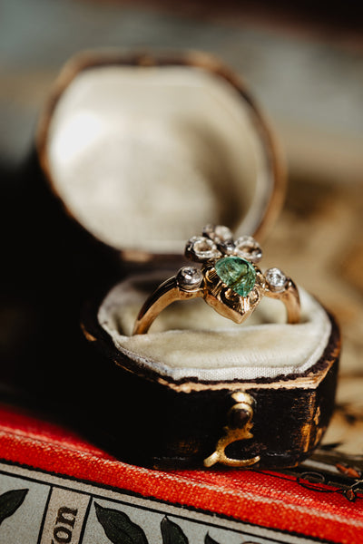 Vintage Emerald Crowned Flaming Heart Engagement Ring, Solid 18k Gold Platinum Rose Cut Diamond Ring Alternative Engagement Ring