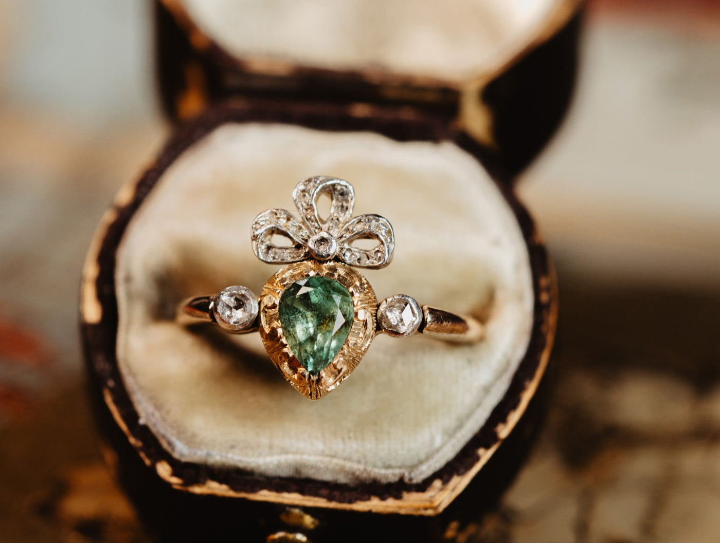 Vintage Emerald Crowned Flaming Heart Engagement Ring, Solid 18k Gold Platinum Rose Cut Diamond Ring Alternative Engagement Ring