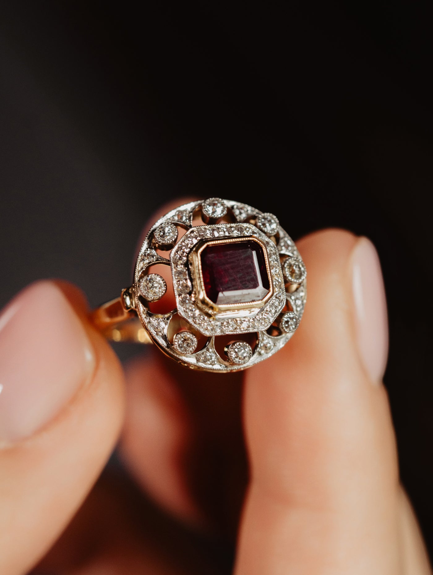 Platinum Antique Edwardian Ruby and Diamond Ring, Cluster Diamond Halo Ring, 1900s Solid 14k 585 Gold Jewelry, Unique Engagement Ring