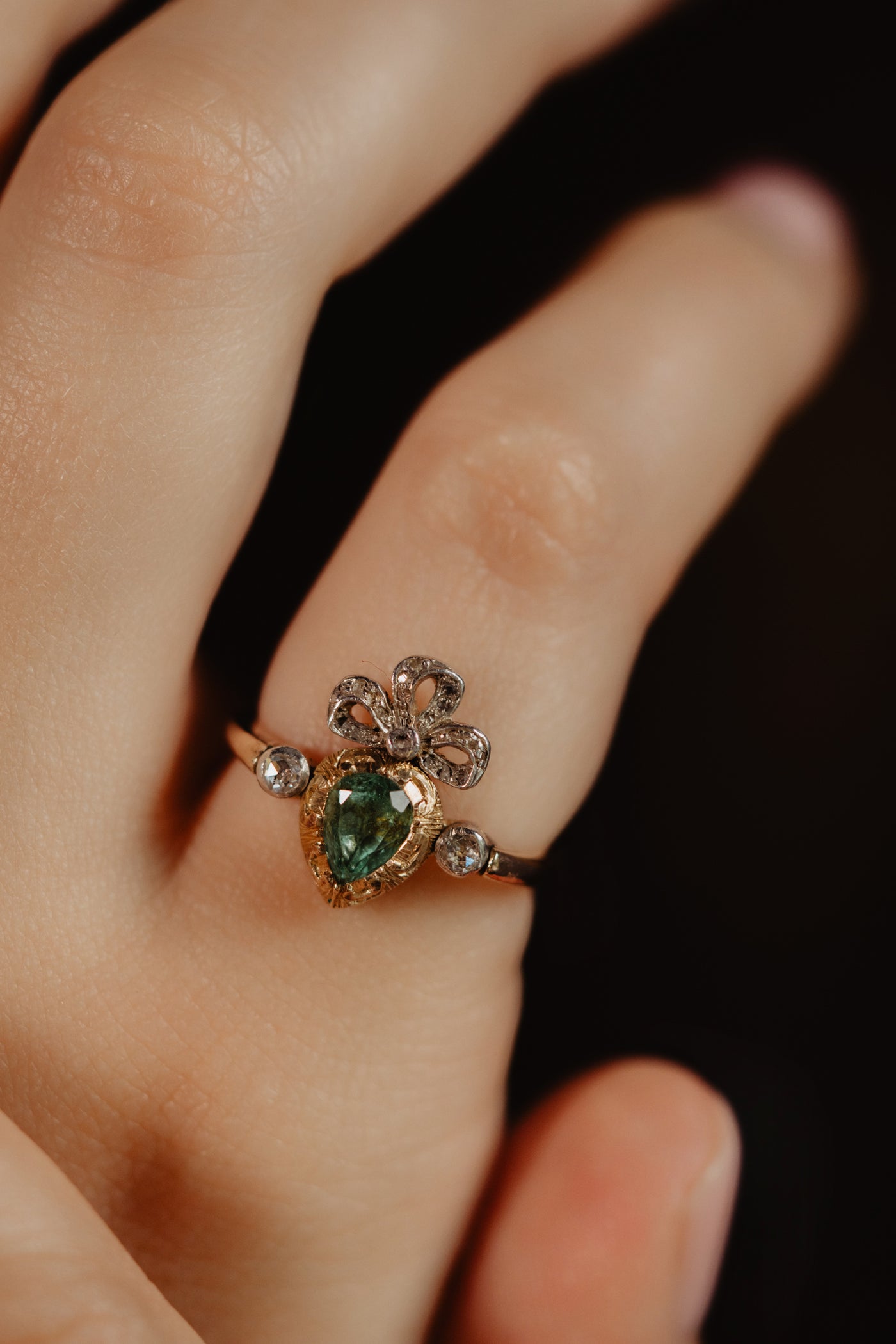 Vintage Emerald Crowned Flaming Heart Engagement Ring, Solid 18k Gold Platinum Rose Cut Diamond Ring Alternative Engagement Ring