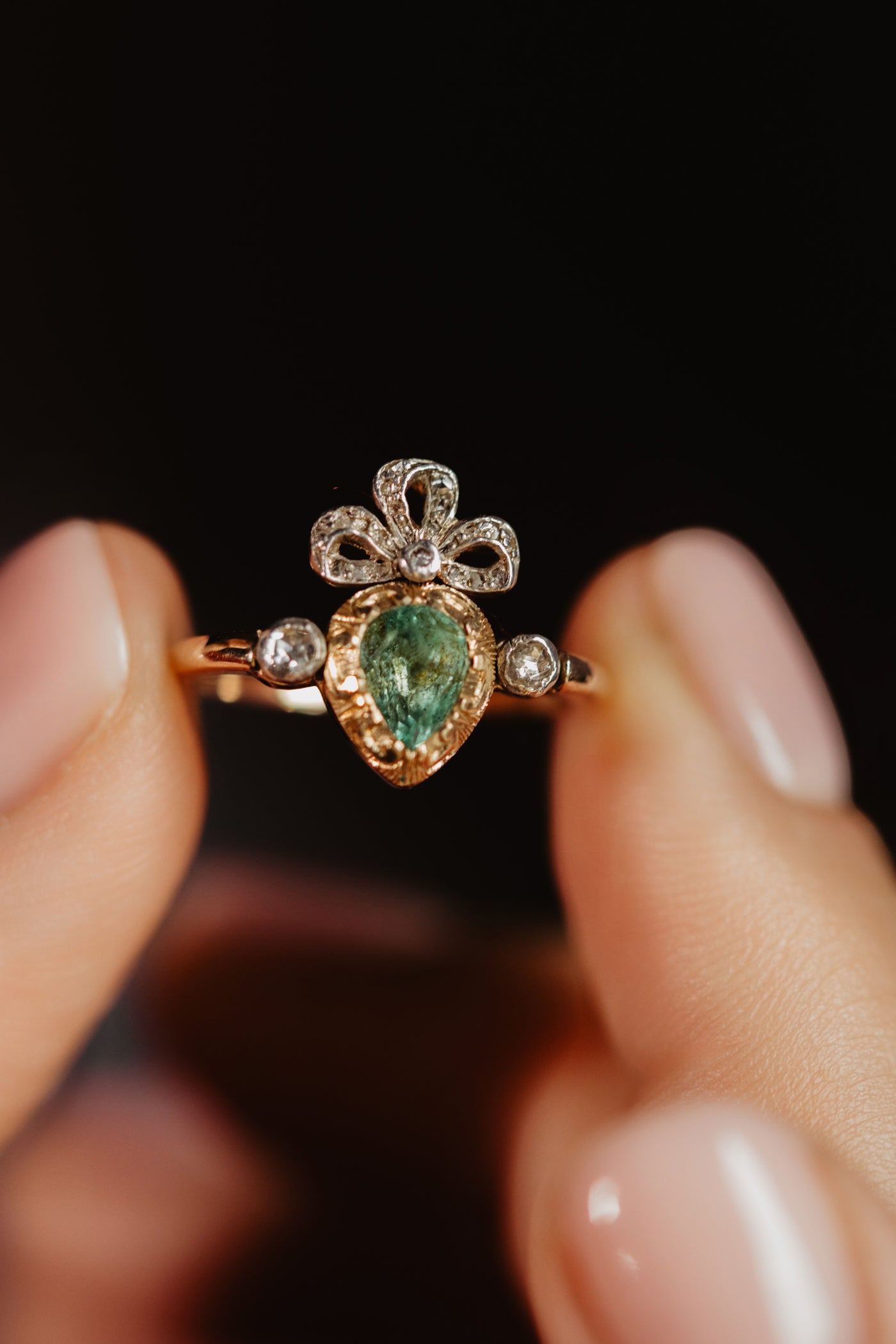 Vintage Emerald Crowned Flaming Heart Engagement Ring, Solid 18k Gold Platinum Rose Cut Diamond Ring Alternative Engagement Ring