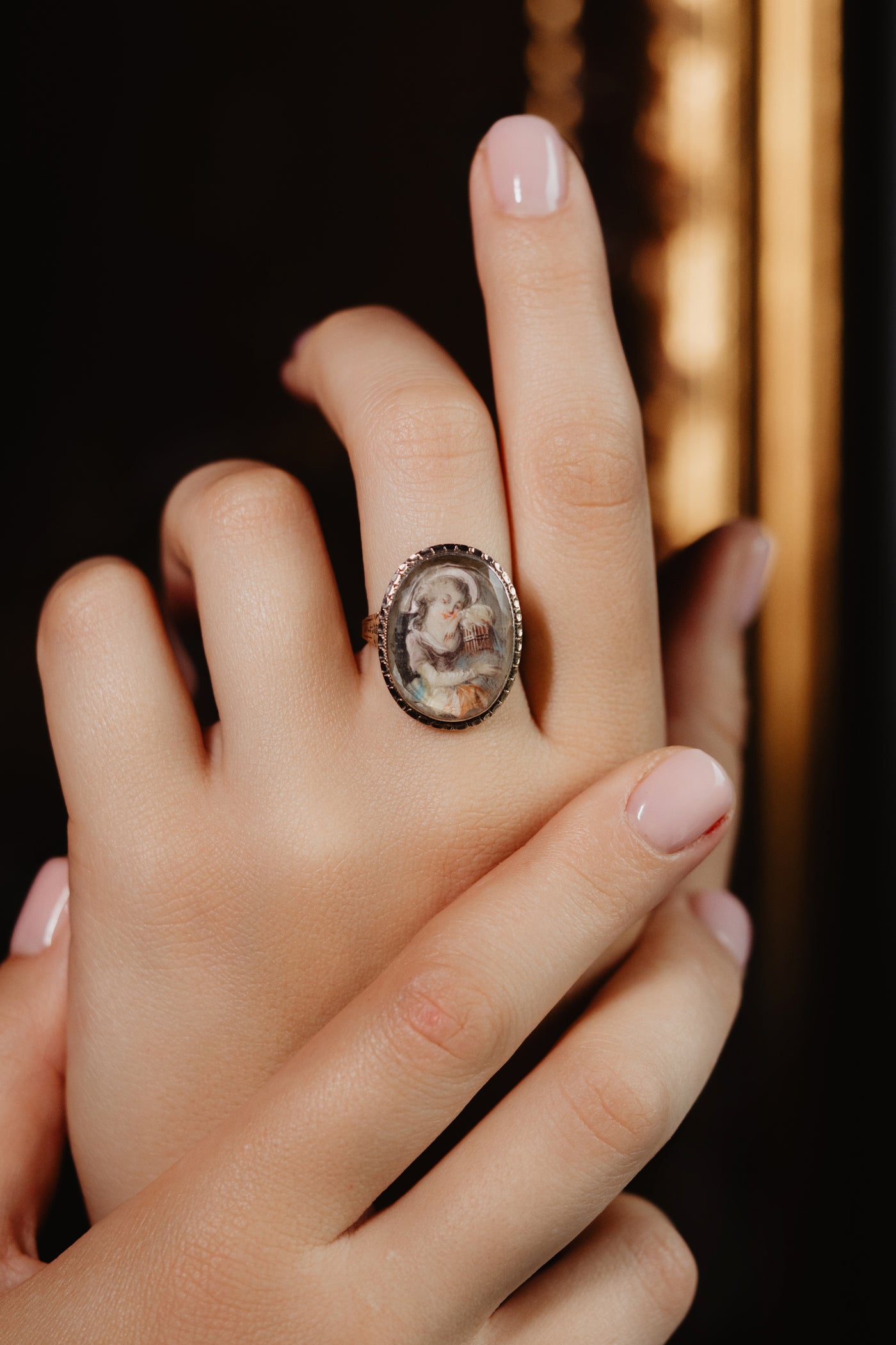 Antique Georgian Miniature Ring, Handmade 1700s Girl with Bird Cage Painting, Solid 9k Gold Portrait, 18th Century Rococo Antique Jewelry