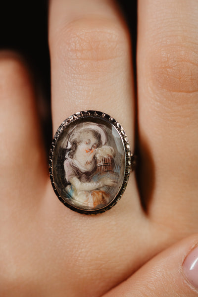 Antique Georgian Miniature Ring, Handmade 1700s Girl with Bird Cage Painting, Solid 9k Gold Portrait, 18th Century Rococo Antique Jewelry