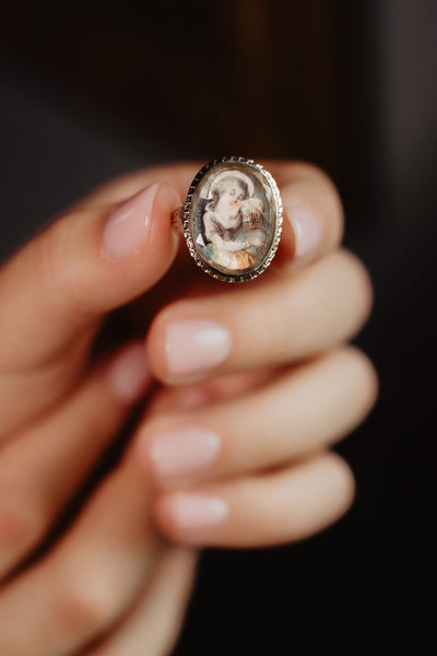 Antique Georgian Miniature Ring, Handmade 1700s Girl with Bird Cage Painting, Solid 9k Gold Portrait, 18th Century Rococo Antique Jewelry