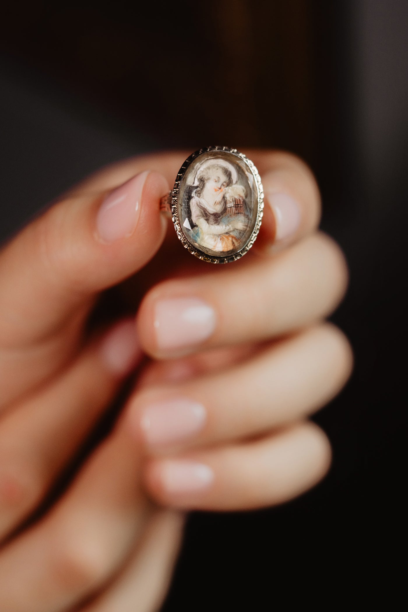 Antique Georgian Miniature Ring, Handmade 1700s Girl with Bird Cage Painting, Solid 9k Gold Portrait, 18th Century Rococo Antique Jewelry