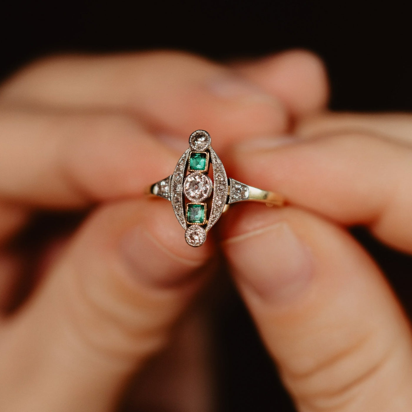 Platinum Antique Edwardian Emerald and Diamond Ring, Old Cut Diamond Halo Ring, 1900s Solid 18k 750 Gold Jewelry, Unique Engagement Ring