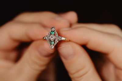 Platinum Antique Edwardian Emerald and Diamond Ring, Old Cut Diamond Halo Ring, 1900s Solid 18k 750 Gold Jewelry, Unique Engagement Ring