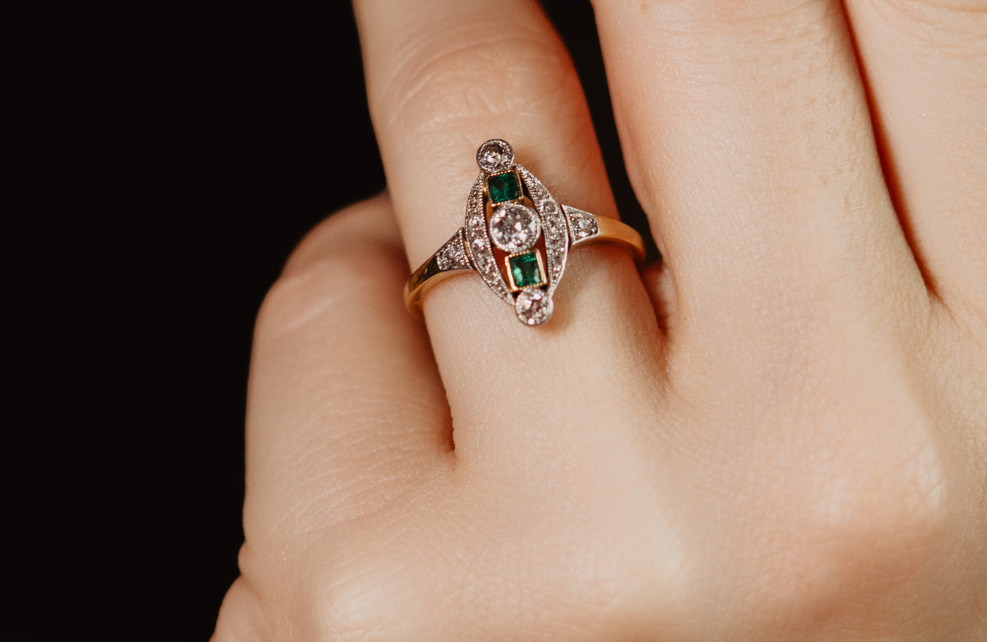 Platinum Antique Edwardian Emerald and Diamond Ring, Old Cut Diamond Halo Ring, 1900s Solid 18k 750 Gold Jewelry, Unique Engagement Ring