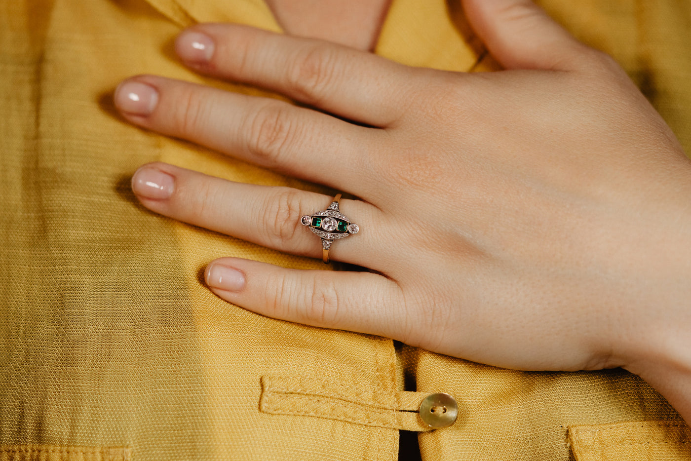 Platinum Antique Edwardian Emerald and Diamond Ring, Old Cut Diamond Halo Ring, 1900s Solid 18k 750 Gold Jewelry, Unique Engagement Ring