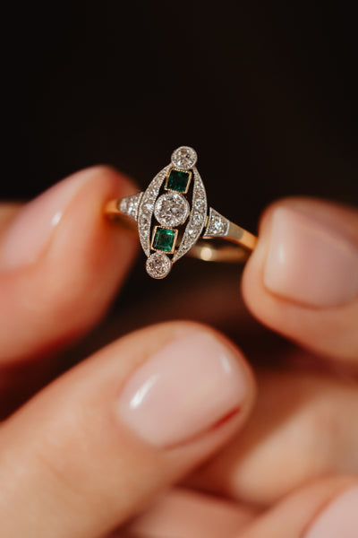 Platinum Antique Edwardian Emerald and Diamond Ring, Old Cut Diamond Halo Ring, 1900s Solid 18k 750 Gold Jewelry, Unique Engagement Ring