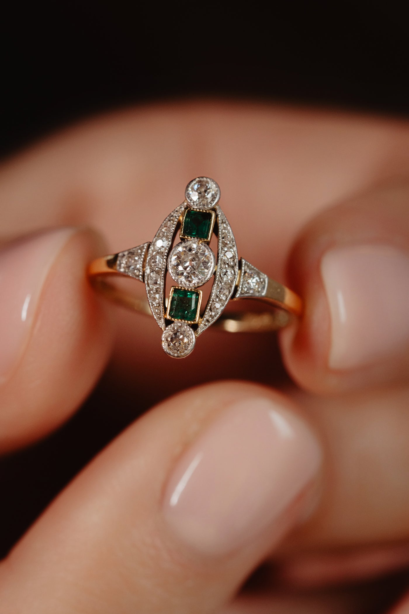 Platinum Antique Edwardian Emerald and Diamond Ring, Old Cut Diamond Halo Ring, 1900s Solid 18k 750 Gold Jewelry, Unique Engagement Ring