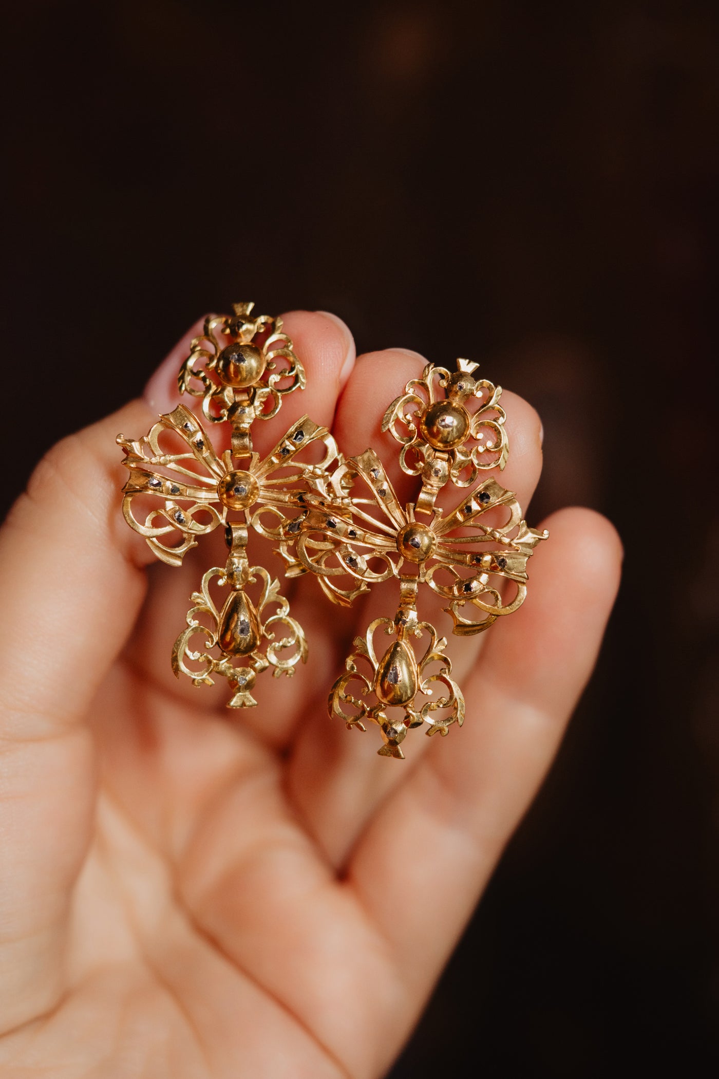 Antique Georgian Era Diamond Rococo Style Earrings, Iberian Jewelry 1700s 18th Century, Solid 15k Yellow Gold, Long Wedding Chandeliers