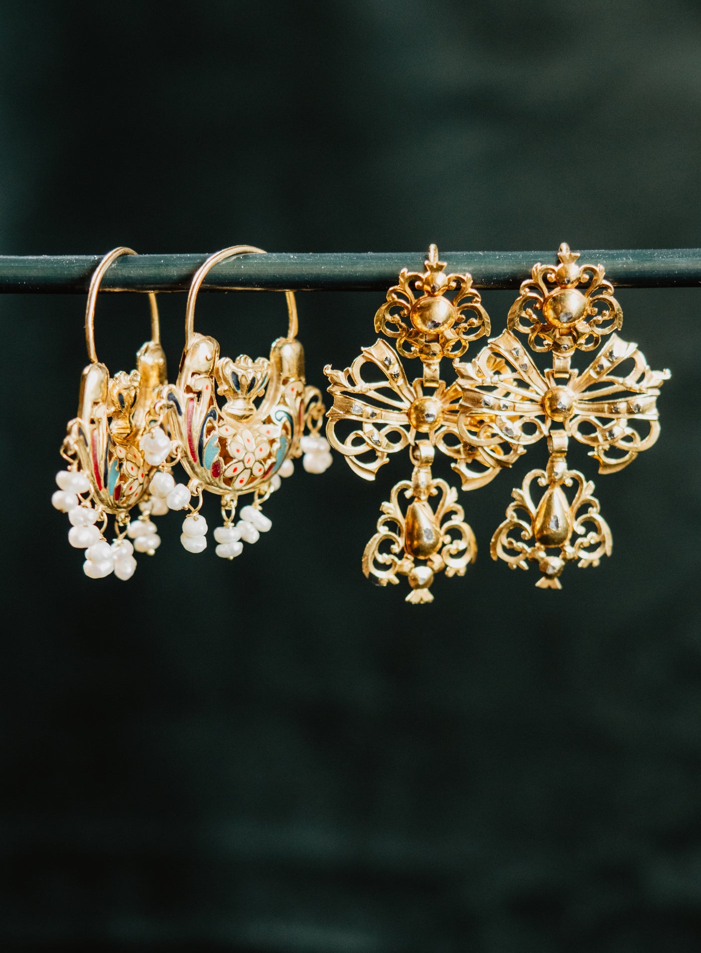 Antique Georgian Era Diamond Rococo Style Earrings, Iberian Jewelry 1700s 18th Century, Solid 15k Yellow Gold, Long Wedding Chandeliers