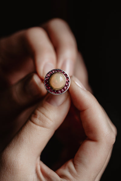 Vintage Art Deco Style Art Deco Opal and Ruby Halo Ring, 1950s Italy