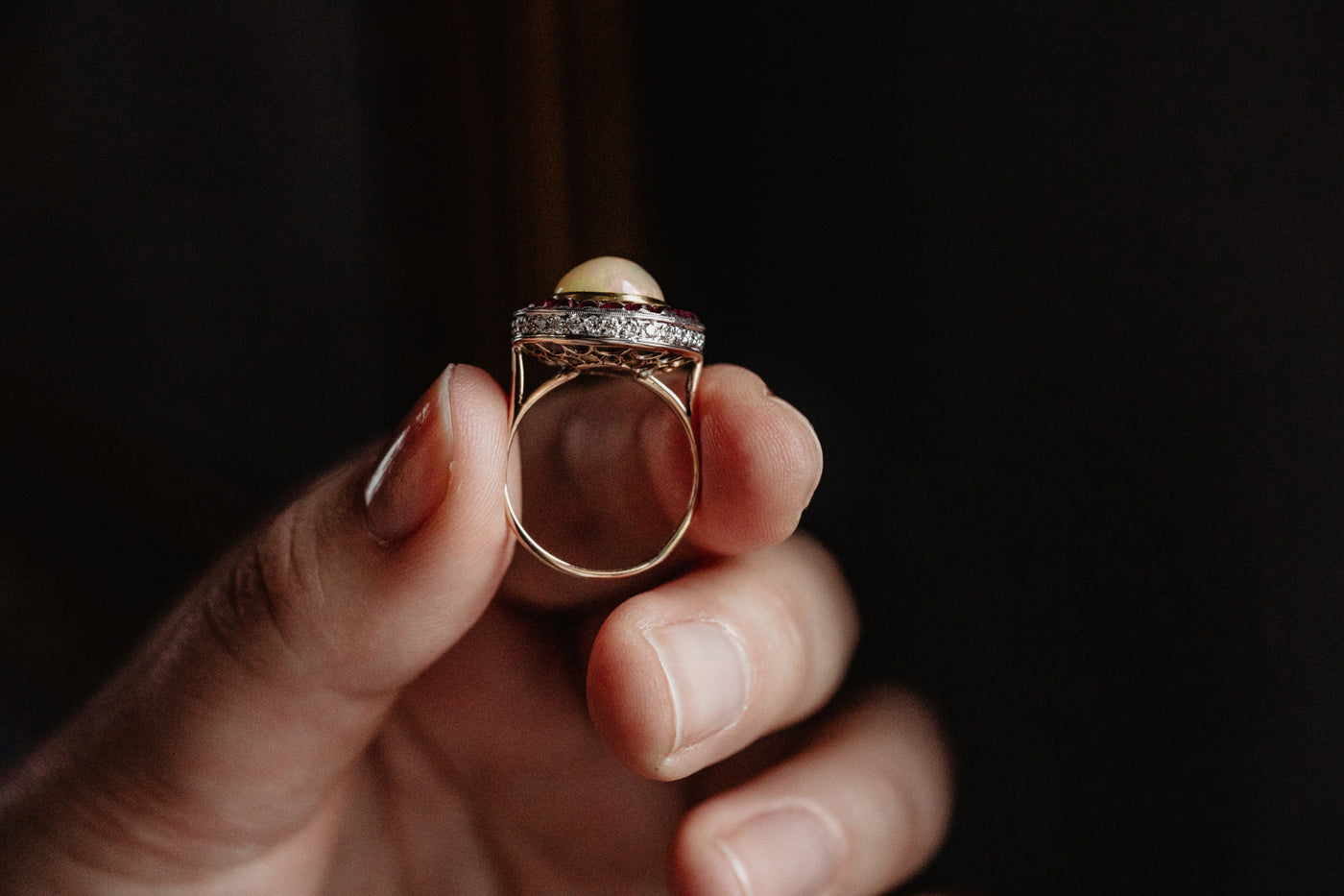 Vintage Art Deco Style Art Deco Opal and Ruby Halo Ring, 1950s Italy