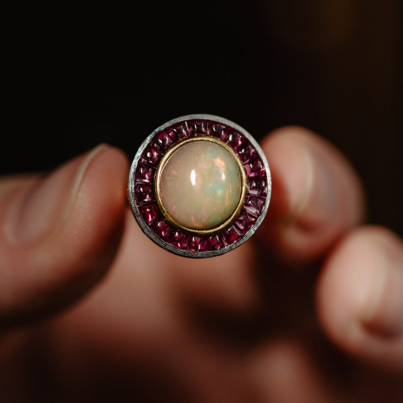 Vintage Art Deco Style Art Deco Opal and Ruby Halo Ring, 1950s Italy