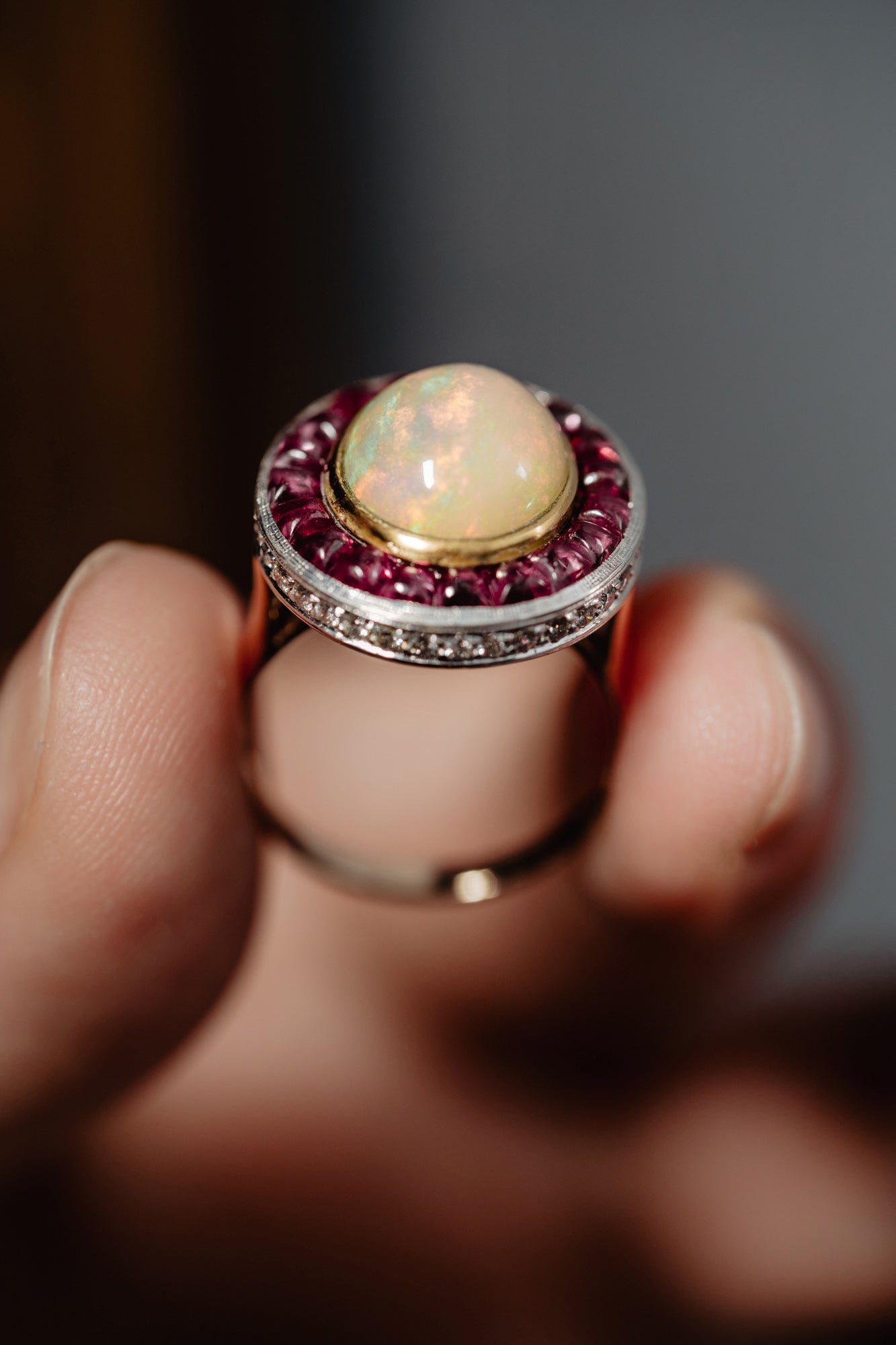 Vintage Art Deco Style Art Deco Opal and Ruby Halo Ring, 1950s Italy