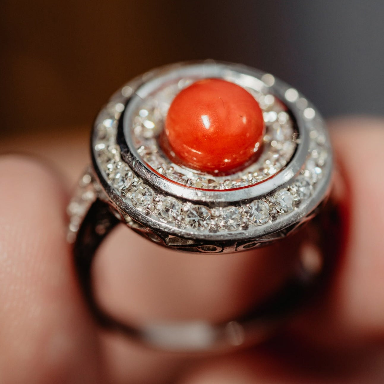 Vintage Art Deco Style 1.5CT Coral Halo Ring, 1950s Italy