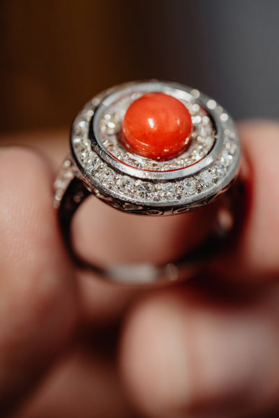 Vintage Art Deco Style 1.5CT Coral Halo Ring, 1950s Italy