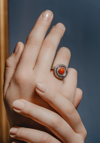 Vintage Art Deco Style 1.5CT Coral Halo Ring, 1950s Italy