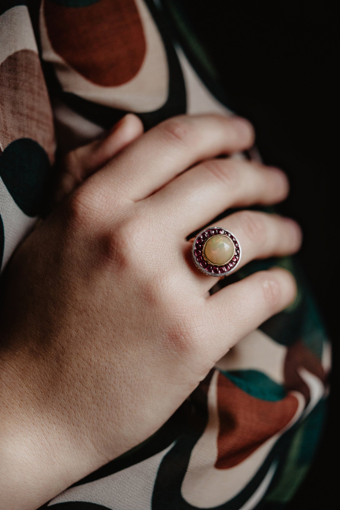 Vintage Art Deco Style Art Deco Opal and Ruby Halo Ring, 1950s Italy