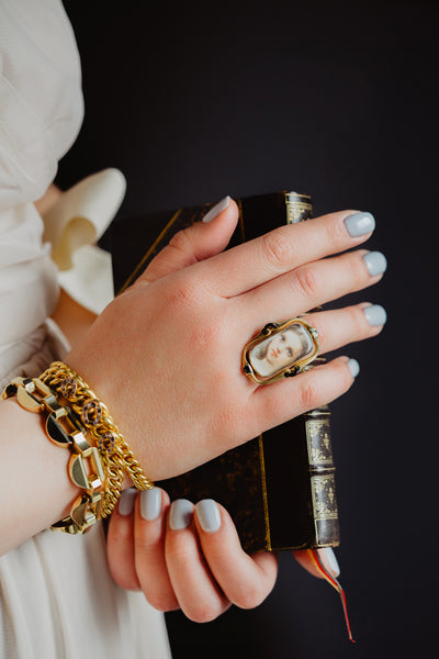 Antique Georgian Portrait Ring, Handmade 1700s Lady Painting, Solid 14k Gold Miniature Portrait, 18th Century French Antique Rococo Jewelry