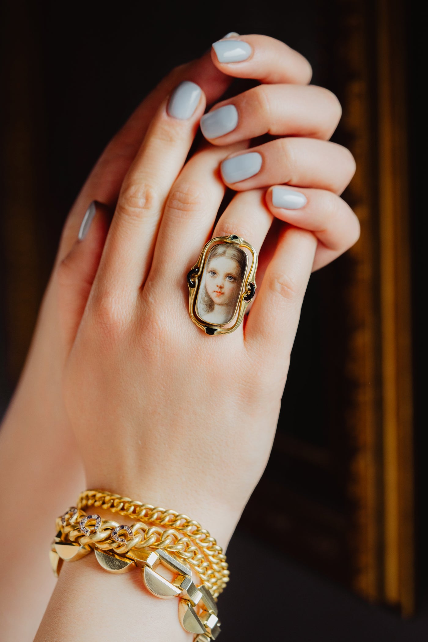 Antique Georgian Portrait Ring, Handmade 1700s Lady Painting, Solid 14k Gold Miniature Portrait, 18th Century French Antique Rococo Jewelry