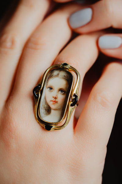 Antique Georgian Portrait Ring, Handmade 1700s Lady Painting, Solid 14k Gold Miniature Portrait, 18th Century French Antique Rococo Jewelry