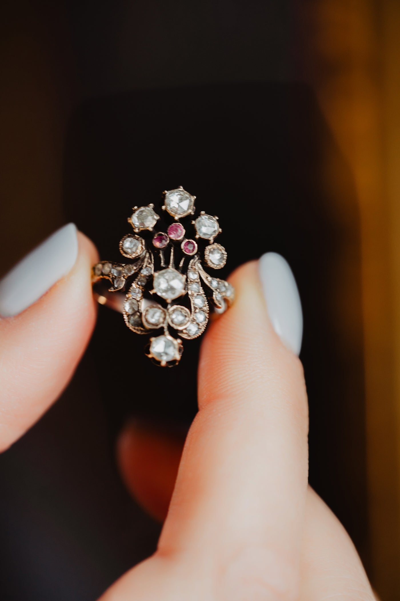 Antique Giardinetti Rose Cut Diamond and Ruby Ring, Mid-19th Century, Constantinople