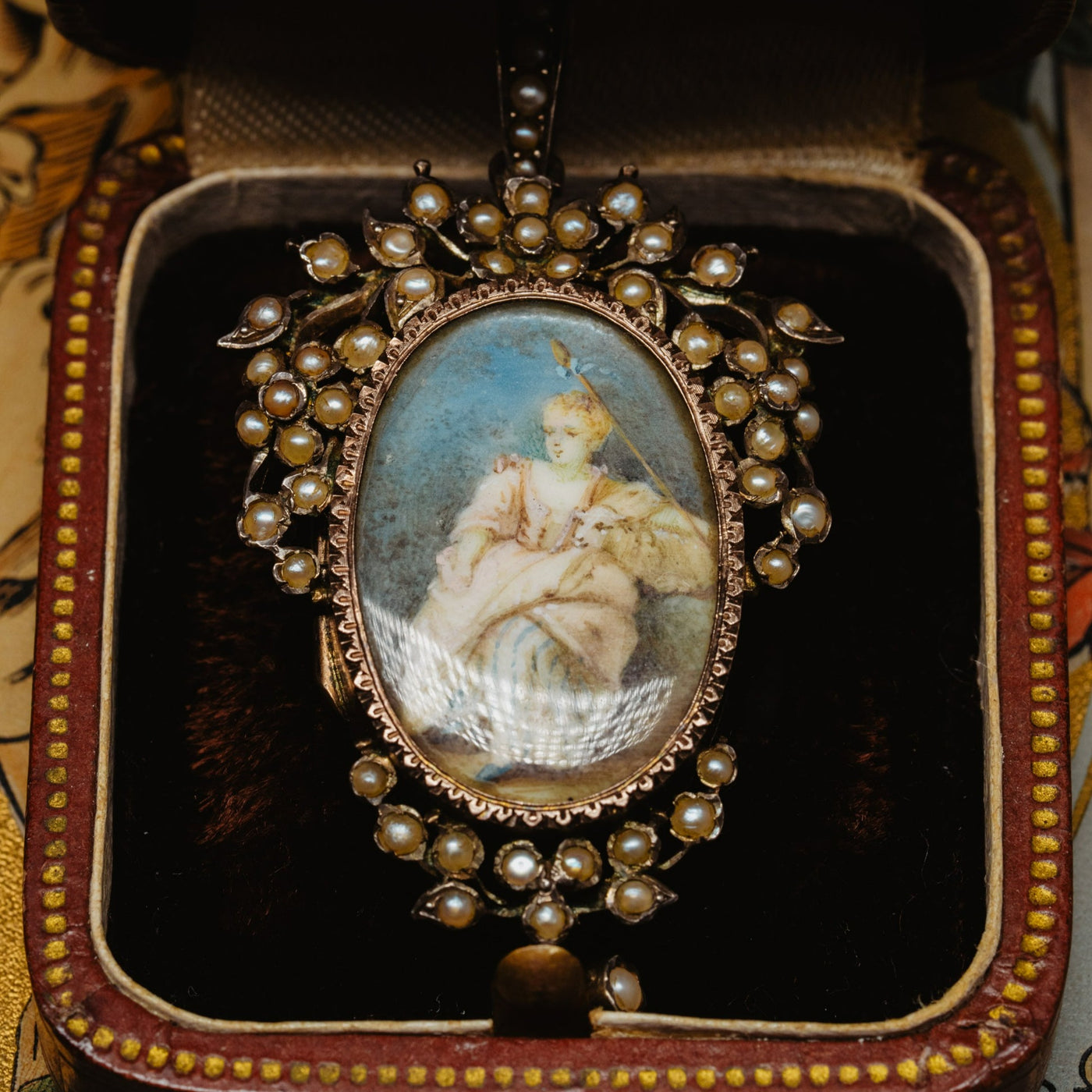 French Antique Victorian Miniature Pearl Locket, Floral Baroque Pendant with Photos, Shepherd Girl and Lamb Painting, Sentimental Jewelry