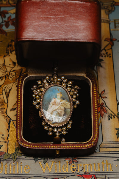 French Antique Victorian Miniature Pearl Locket, Floral Baroque Pendant with Photos, Shepherd Girl and Lamb Painting, Sentimental Jewelry