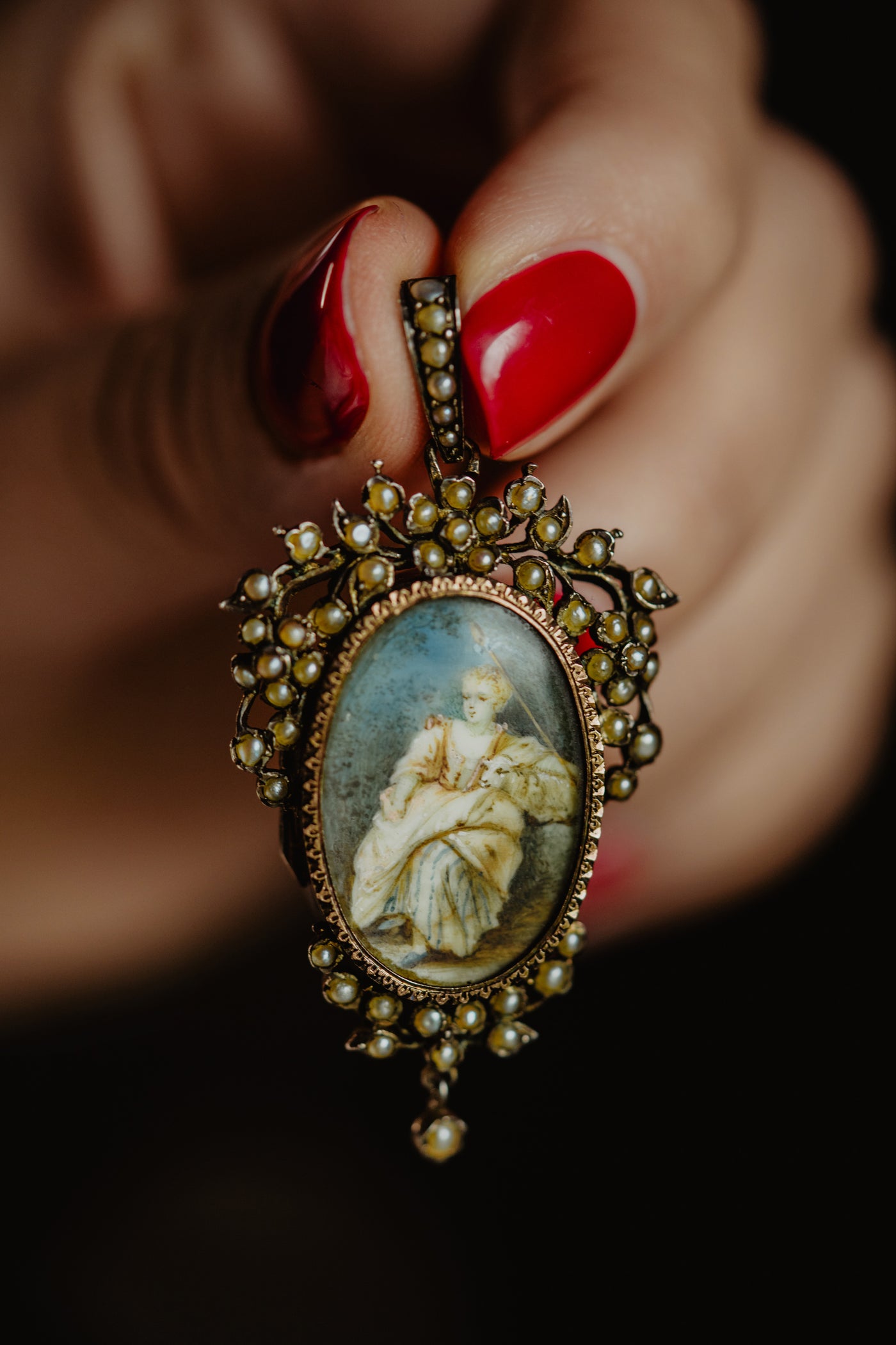 French Antique Victorian Miniature Pearl Locket, Floral Baroque Pendant with Photos, Shepherd Girl and Lamb Painting, Sentimental Jewelry