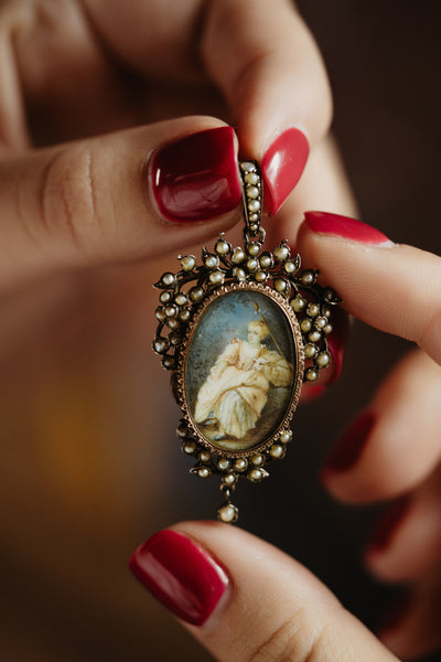 French Antique Victorian Miniature Pearl Locket, Floral Baroque Pendant with Photos, Shepherd Girl and Lamb Painting, Sentimental Jewelry