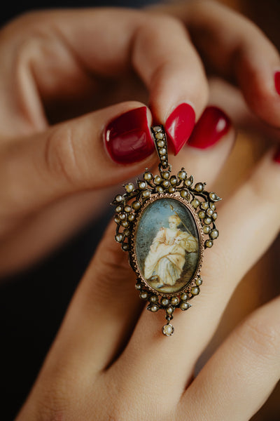 French Antique Victorian Miniature Pearl Locket, Floral Baroque Pendant with Photos, Shepherd Girl and Lamb Painting, Sentimental Jewelry