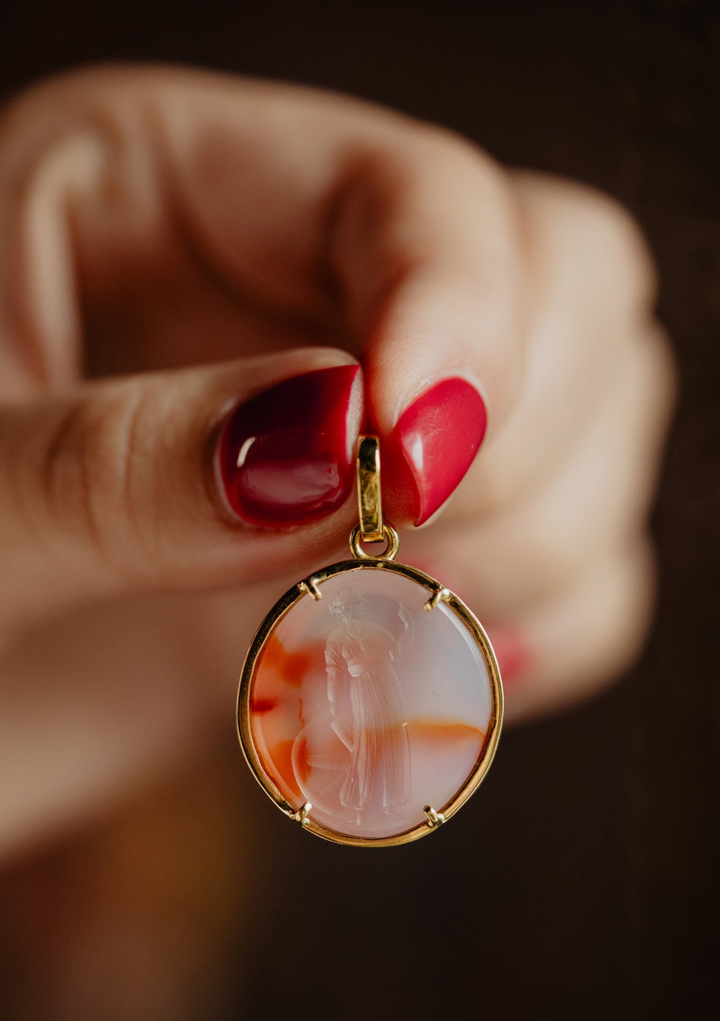 Solid 18k 750 Gold Antique Unisex Intaglio Pendant, Carnelian Agate Intaglio Lucky Charm, Oval Roman Seal Signet Fortune Goddess Jewelry