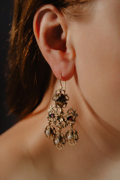 Antique Georgian Era Foiled Garnet Statement Earrings, Keshi Pearl Italian Jewelry 18th Century