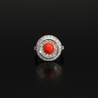 Vintage Art Deco Style 1.5CT Coral Halo Ring, 1950s Italy