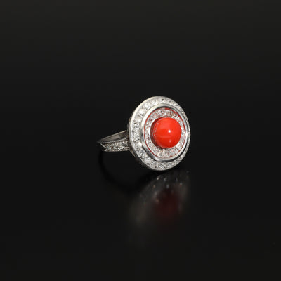 Vintage Art Deco Style 1.5CT Coral Halo Ring, 1950s Italy