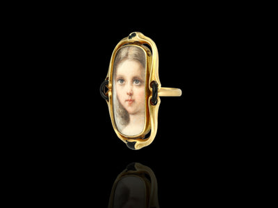 Antique Georgian Portrait Ring, Handmade 1700s Lady Painting, Solid 14k Gold Miniature Portrait, 18th Century French Antique Rococo Jewelry