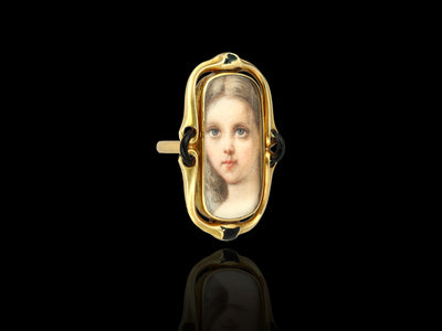 Antique Georgian Portrait Ring, Handmade 1700s Lady Painting, Solid 14k Gold Miniature Portrait, 18th Century French Antique Rococo Jewelry