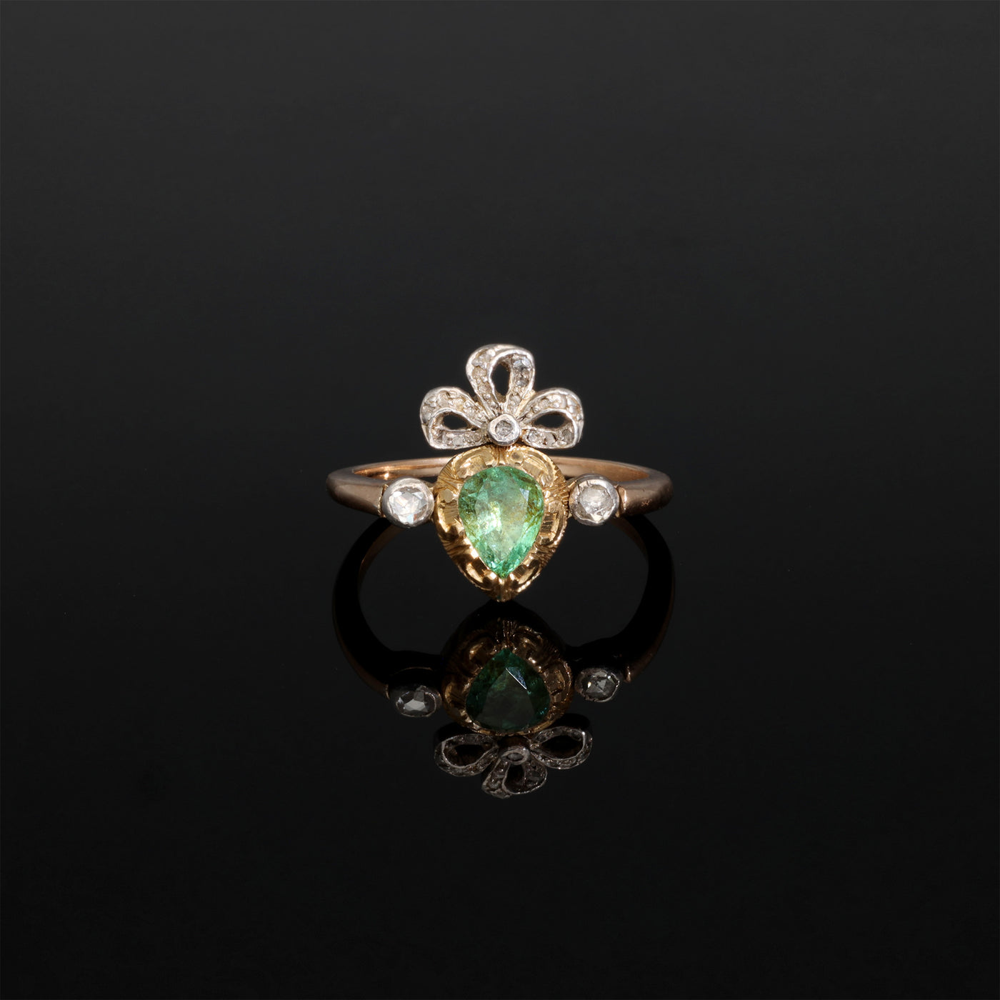 Vintage Emerald Crowned Flaming Heart Engagement Ring, Solid 18k Gold Platinum Rose Cut Diamond Ring Alternative Engagement Ring