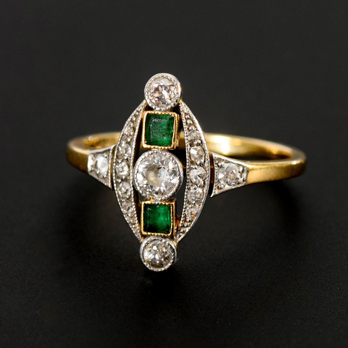 Platinum Antique Edwardian Emerald and Diamond Ring, Old Cut Diamond Halo Ring, 1900s Solid 18k 750 Gold Jewelry, Unique Engagement Ring