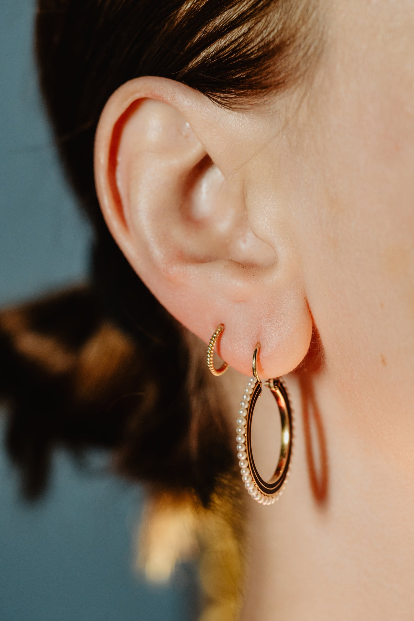 Vintage Black Enamel Earrings, White Seed Pearl Hoops, Geometric Minimalist Jewelry, Solid 14k Gold Large Round Ear Rings