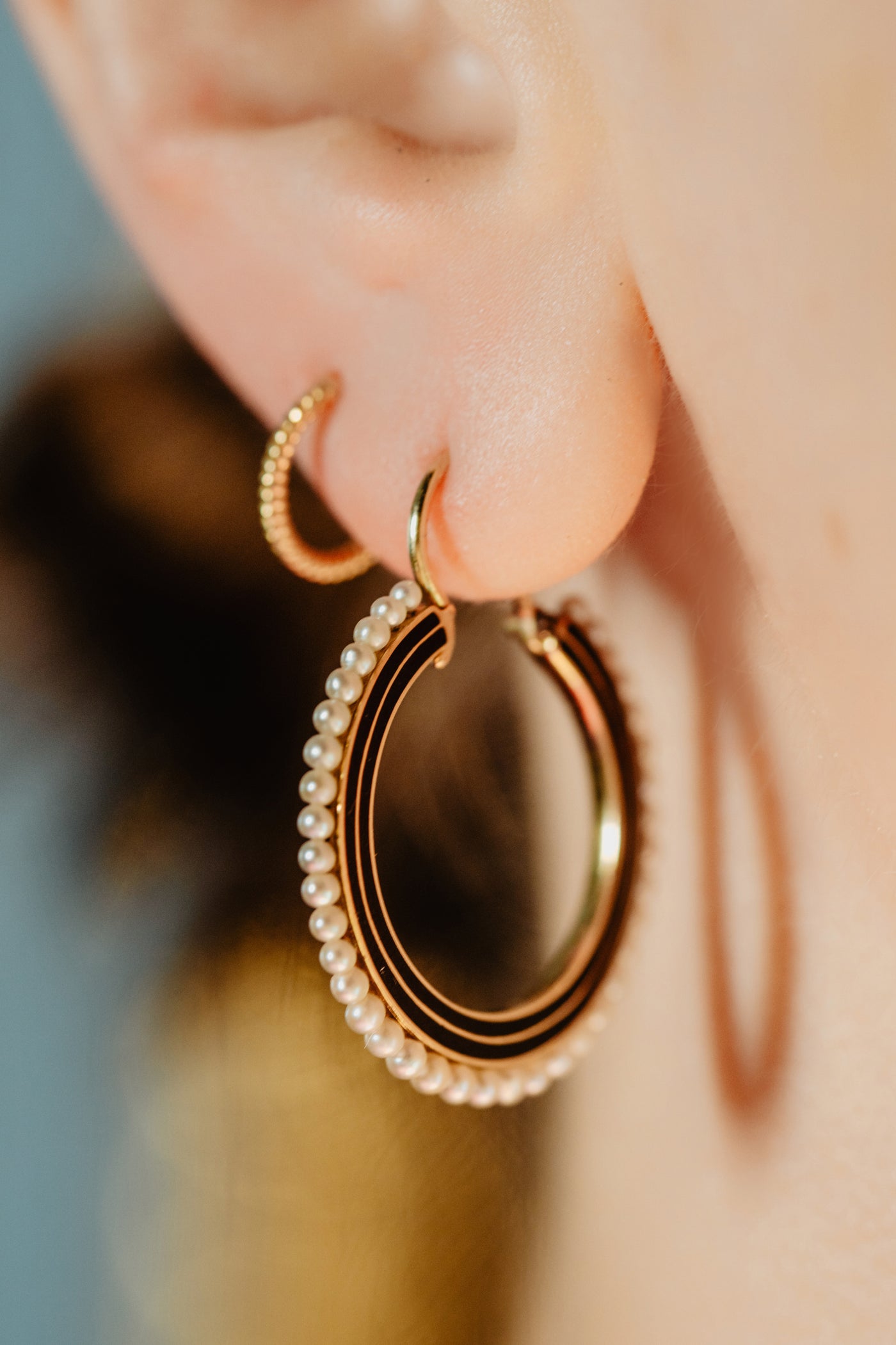 Vintage Black Enamel Earrings, White Seed Pearl Hoops, Geometric Minimalist Jewelry, Solid 14k Gold Large Round Ear Rings