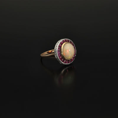 Vintage Art Deco Style Art Deco Opal and Ruby Halo Ring, 1950s Italy