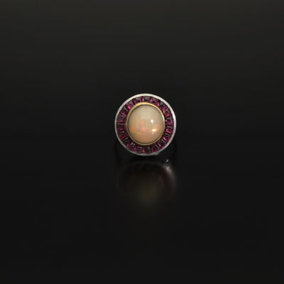 Vintage Art Deco Style Art Deco Opal and Ruby Halo Ring, 1950s Italy