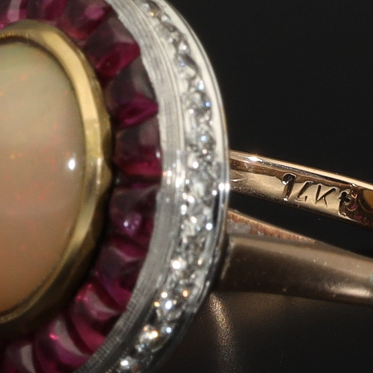 Vintage Art Deco Style Art Deco Opal and Ruby Halo Ring, 1950s Italy